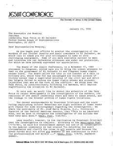 Letter to John Joseph Moakley from Patrick J. Burns, President, Jesuit Conference, directing the attention of the Task Force to recent developments in Jesuit murder case, the reactions of the Jesuit leadership to the event, and the larger human rights violation issue, 24 January 1990