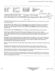 Congressional records articles, "Frente Farabundo Marti para la Liberacion Nacional (FMLN) Must Renounce Assassination" and "Status of El Salvador Negotiations," 5 September 1990, 16 July 1991