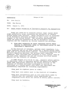 Memorandum from John Harris to Meg Murray regarding legal issues raised by El Salvador's request for Jesuit murder depositions, 8 August 1991