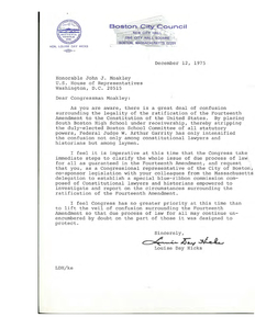 Correspondence between John Joseph Moakley and Louise Day Hicks of the Boston City Council regarding busing, December 1975-January 1976