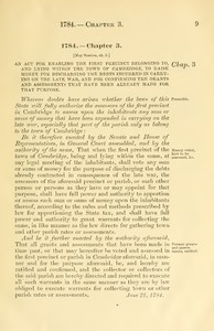 1784 Chap. 0003 An Act For Enabling The First Precinct Belonging To, And Lying Within The Town Of Cambridge, To Raise Money For Discharging The Debts Incurred In Carrying On The Late War, And For Confirming The Grants And Assessments That Have Been Already Made For That Purpose.