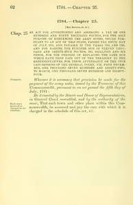 1784 Chap. 0025 An Act For Apportioning And Assessing A Tax Of One Hundred And Forty Thousand Pounds, For The Sole Purpose Of Redeeming The Army Notes, Issued Pursuant To An Act Of This State, Passed The Fifth Day Of July, 1781, And Payable In The Years 1784, And 1785, And For Raising The Further Sum Of Eleven Thousand And Thirty-Five Pounds, Six Shillings And Six Pence, For The Purpose Of, Replacing The Same Sum Which Hath Been Paid Out Of The Treasury To The Representatives, For Their Attendance On The Five Last Sessions Of The General Court, Viz. From November, One Thousand Seven Hundred And Eighty-Two, To March, One Thousand Seven Hundred And Eighty-Four.