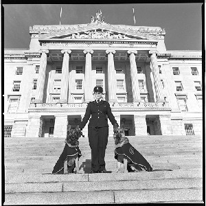 PC Heather Lissett Day, RUC dog handler. Taken in front of Stormont Building, Belfast