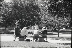 Students studying outdoors at Boston College