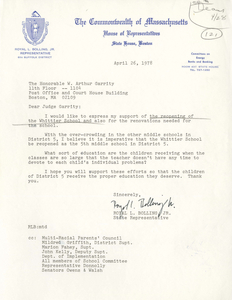 Letters from Royal L. Bolling, Jr., Massachusetts State Representative, and Joseph B. Walsh, Massachusetts State Senator, to Judge W. Arthur Garrity, 1978 April