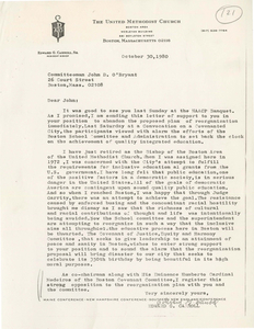 Letter from Edward G. Carroll, former Bishop of the Boston Area United Methodist Church, to John D. O'Bryant, Boston School Committee member, 1980 October 30