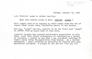 Threatening letter sent to Judge W. Arthur Garrity, 1975 January 19