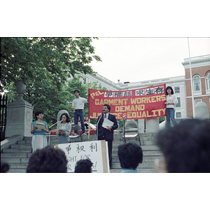 Speakers at a garment workers demonstration