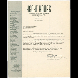 Letter from Mrs. Albert Edwards of Hecht House to Otto Phillip Snowden of Freedom House about youth group