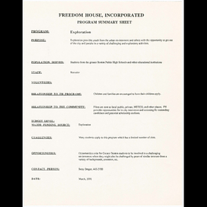 Freedom House, Incorporated program summary sheet