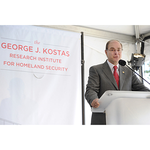 President Joseph E. Aoun speaks at the groundbreaking ceremony for the George J. Kostas Research Institute for Homeland Security