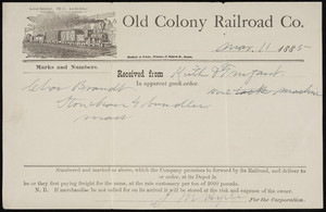 Receipt for the Old Colony Railroad Co., Boston, Mass., dated March 11, 1885