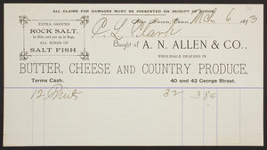 Billhead for A.N. Allen & Co., wholesale dealers in butter, cheese and country produce, 40 & 42 George Street, New Haven, Connecticut, dated March 6, 1893