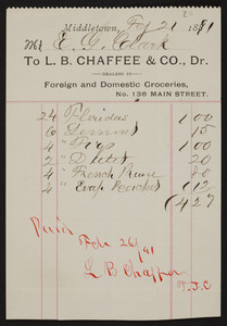 Billhead for L.B. Chaffee & Co., Dr., foreign and domestic groceries, No. 136 Main Street, Middletown, Rhode Island, dated February 21, 1891