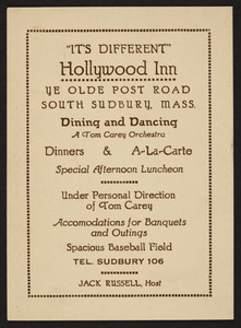 Trade card for the Hollywood Inn, dining and dancing, Ye Olde Post Road, South Sudbury, Mass., undated