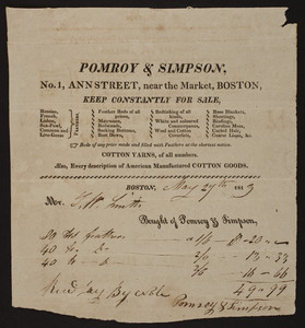 Billhead for Pomroy & Simpson, feather beds, mattresses, bedding, No. 1 Ann Street, near the Market, Boston, Mass., dated May 27, 1813