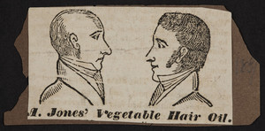 Advertisement for A. Jones' Vegetable Hair Oil, location unknown, ca. 1851