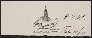 Letterhead for The Quincy, hotel, Brattle Square, Boston, Mass., dated February 19, 1911