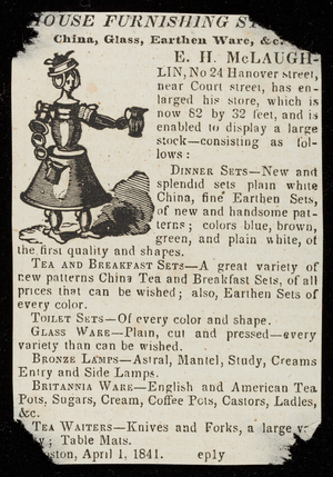 Advertisement for E.H. McLaughlin, china, glass, earthen ware, No. 24 Hanover Street, Boston, Mass., April 1, 1841