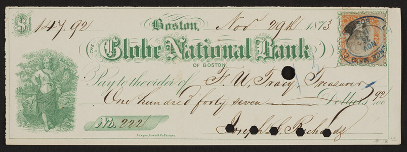 Check for The Globe National Bank of Boston, Boston, Mass., dated November 29, 1873