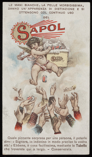 Trade card for Sapol, soap, A. Bertelli & Co., Milan, Italy, 1890s