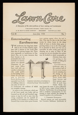 Lawn care, a discussion of the vital problems of lawn making and maintenance, vol. III, June-July 1930, no. 3, published several times yearly by O.M. Scott & Sons Company, seedsmen, Marysville, Ohio