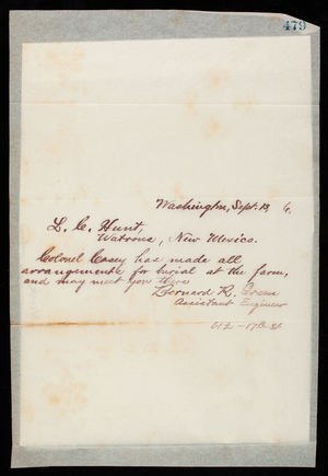 Bernard R. Green to L. C. Hunt, September 13, 1886