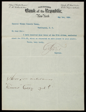 Charles H. Stout/National Bank of the Republic to Thomas Lincoln Casey, May 1, 1894