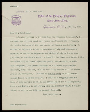 Thomas Lincoln Casey to Mr. Catchings, January 21, 1895, copy