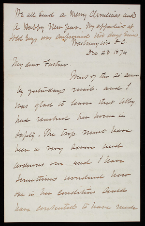 Thomas Lincoln Casey to General Silas Casey, December 23, 1874