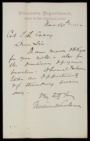 William Lundlam to Thomas Lincoln Casey, November 16, 1882