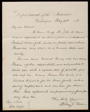 Wilson J. Vance to Colonel P. H. Scott, February 21, 1881