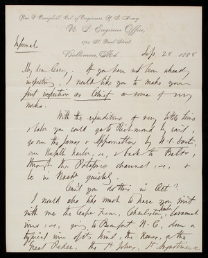 [William P. Craighill] to Thomas Lincoln Casey, September 28, 1888