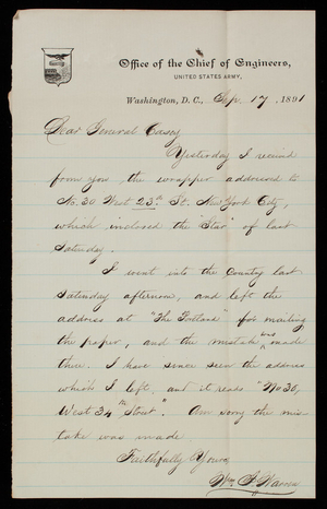 [William] J. Warren to Thomas Lincoln Casey, September 17, 1891