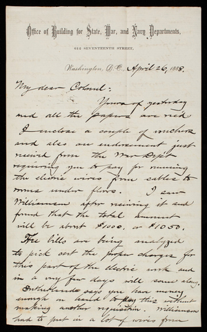 Bernard R. Green to Thomas Lincoln Casey, April 26, 1888