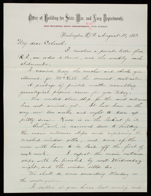 Bernard R. Green to Thomas Lincoln Casey, August 11, 1883
