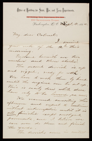 Bernard R. Green to Thomas Lincoln Casey, September 4, 1884