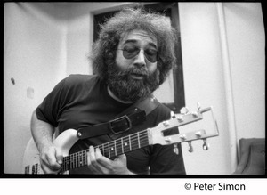 Jerry Garcia with guitar in the studio: Grateful Dead recording at Automated Sound