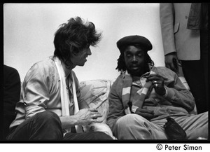 Keith Richards (left) talking with Peter Tosh backstage during an appearance on Saturday Night Live