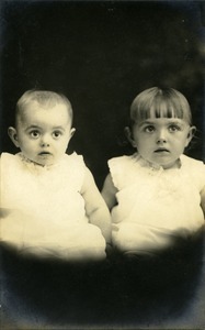 Bertha and Helen Skedzielewski (l. to r.): studio portrait, vignetted, of young girls