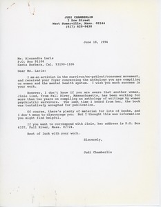 Letter from Jinie Lind to Alexandra Laris
