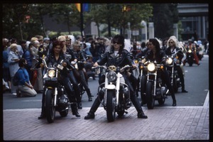 Dykes on Bikes riding motorcycles in the San Francisco Pride Parade