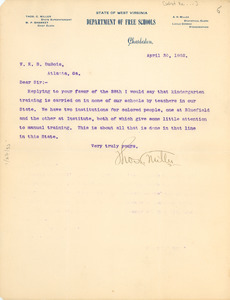 Letter from the West Virginia Dept. of Free Schools to W. E. B. Du Bois