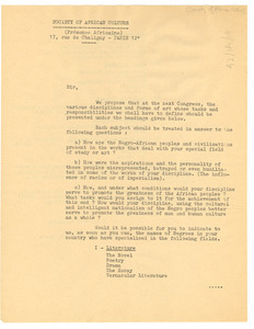 Circular letter from Société africaine de culture to W. E. B. Du Bois