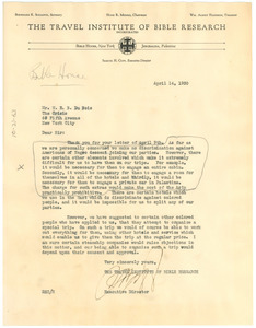 Letter from The Travel Institute of Bible Research to W. E. B. Du Bois