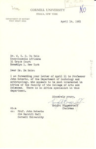 Letter from Cornell University Dept. of History to W. E. B. Du Bois