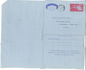 Aerogramme from Fabian Commonwealth Bureau to W. E. B. Du Bois