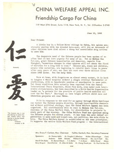Circular letter from China Welfare Appeal