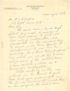 Letter from Union High School to W. E. B. Du Bois