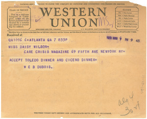 Telegram from W. E. B. Du Bois to Daisy Wilson - Digital Commonwealth